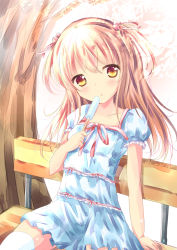 Rule 34 | 1girl, :o, arm support, blue dress, brown eyes, collarbone, commentary, day, dress, food, hair between eyes, hair bobbles, hair ornament, head tilt, holding, holding food, light brown hair, long hair, looking at viewer, on bench, original, outdoors, parted lips, popsicle, puffy short sleeves, puffy sleeves, shihou haru, short sleeves, sitting, solo, tree, two side up