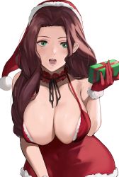 Rule 34 | 1girl, alternate costume, black ribbon, breasts, brown hair, choker, christmas, cleavage, collarbone, commentary request, covered navel, dorothea arnault, dress, fire emblem, fire emblem: three houses, fur-trimmed gloves, fur-trimmed headwear, fur trim, gift, gloves, green eyes, hat, highres, j@ck, large breasts, long hair, looking at viewer, neck ribbon, nintendo, open mouth, parted bangs, red dress, red gloves, red hat, ribbon, santa hat, smile, solo, wide hips