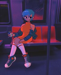 Rule 34 | 1girl, black eyes, blue hair, breasts, can, cdromarts, commentary, converse, dress, english commentary, expressionless, highres, holding, holding can, jacket, kneehighs, looking at viewer, open clothes, open jacket, original, shoes, short hair, sitting, sneakers, socks, solo, subway, swept bangs, twitter username
