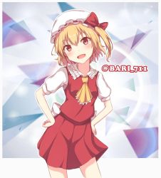 Rule 34 | 1girl, alternate hair length, alternate hairstyle, blonde hair, bow, commentary request, contrapposto, cowboy shot, flandre scarlet, hands on own hips, hat, hat bow, head tilt, highres, hisagi maruyama, looking at viewer, miniskirt, mob cap, one side up, open mouth, puffy short sleeves, puffy sleeves, red bow, red eyes, red skirt, short hair, short sleeves, skirt, skirt set, smile, solo, standing, touhou, vest, white hat
