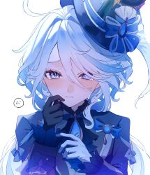 Rule 34 | 1girl, ahoge, artist name, ascot, asymmetrical gloves, black ascot, black gloves, blue bow, blue brooch, blue eyes, blue hair, blue hat, blue jacket, bow, closed mouth, crying, crying with eyes open, furina (genshin impact), furrowed brow, genshin impact, gloves, hair between eyes, hat, heterochromia, highres, jacket, light blue hair, long hair, mismatched gloves, multicolored hair, pudding 15, sidelocks, simple background, solo, streaked hair, teardrop, tears, top hat, two-tone hair, upper body, white background, white gloves, white hair