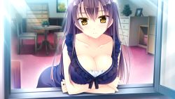 Rule 34 | 1girl, blue dress, blush, breast hold, breast rest, breasts, chair, chest of drawers, cleavage, collarbone, dress, female focus, game cg, highres, kaburagi yukie, kimishima ao, koi suru kimochi no kasanekata, large breasts, long hair, looking at viewer, purple hair, smile, solo, table, windowsill, yellow eyes