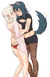Rule 34 | 2girls, after kiss, animal ears, ass grab, black shorts, blue eyes, blue hair, breasts, brown legwear, byleth (female) (fire emblem), byleth (fire emblem), cleavage, cleavage cutout, clothes lift, clothing cutout, dress, dress lift, edelgard von hresvelg, eye contact, fang, fire emblem, fire emblem: three houses, from side, fukuroumori, groin, hair between eyes, hand under clothes, heart, highres, in heat, lifting another&#039;s clothes, long hair, long sleeves, looking at another, medium breasts, midriff, multiple girls, navel, nintendo, panties, pantyhose, pantyhose under shorts, pink dress, purple eyes, red panties, saliva, saliva trail, short shorts, shorts, shoulder blades, silver hair, simple background, sketch, stomach, sweatdrop, tail, thighs, twintails, underwear, white background, wolf ears, wolf tail, yuri