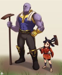 Rule 34 | 1boy, 1girl, :t, avengers: endgame, avengers (series), black hair, blouse, boots, brown background, brown eyes, colored skin, commentary request, crossover, hand on own hip, highres, infinity gauntlet, jmg, long hair, marvel, marvel cinematic universe, purple skin, sakuna-hime, shirt, signature, simple background, sleeveless, sleeveless shirt, standing, tensui no sakuna-hime, thanos