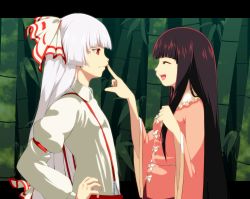 Rule 34 | 2girls, bamboo, bamboo forest, black hair, clenched hand, closed eyes, finger to another&#039;s mouth, forest, fujiwara no mokou, hair ribbon, hand on own hip, hime cut, houraisan kaguya, letterboxed, long hair, long sleeves, looking at another, multiple girls, nature, open mouth, profile, red eyes, ribbon, sidelocks, sugiura rippu, suspenders, touhou, very long hair, white hair