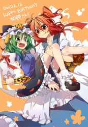 Rule 34 | 2girls, :q, blush, brown eyes, carrying, female focus, green hair, hair bobbles, hair ornament, happy birthday, hat, multiple girls, nagaro, onozuka komachi, open mouth, princess carry, red eyes, red hair, rod of remorse, shiki eiki, short hair, siop, skirt, tongue, tongue out, touhou, twintails, two side up