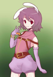 Rule 34 | 1girl, alternate costume, bangle, belt, bracelet, carrot, carrot necklace, colorized, elbow gloves, female focus, gloves, inaba tewi, jewelry, necklace, non-web source, off shoulder, orz (orz57), pendant, purple hair, red eyes, short hair, shorts, smile, solo, suspenders, touhou