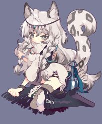 Rule 34 | 1girl, animal ears, animal print, arknights, bell, boots, braid, commentary request, fur-trimmed boots, fur trim, grey background, grey eyes, grey hair, grey thighhighs, high heel boots, high heels, leopard ears, leopard print, leopard tail, long hair, looking at viewer, peroppafu, pramanix (arknights), simple background, sitting, solo, tail, thighhighs, turtleneck, twin braids, wariza, wristband