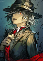 Rule 34 | 1boy, adjusting clothes, adjusting necktie, black hat, black suit, edmond dantes (fate), edmond dantes (first ascension) (fate), fate/grand order, fate (series), formal, hair over one eye, hat, hungry clicker, jacket, long sleeves, looking at viewer, male focus, necktie, open mouth, red eyes, red necktie, revision, short hair, solo, suit, upper body, white hair