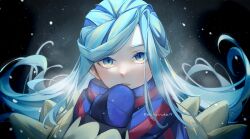 Rule 34 | 1boy, androgynous, blue eyes, blue hair, blue mittens, blue scarf, blush, coat, commentary, creatures (company), dark background, eyelashes, floating hair, game freak, gradient eyes, green eyes, grusha (pokemon), hand up, highres, long hair, long sleeves, looking at viewer, male focus, mittens, multicolored eyes, multicolored hair, nintendo, parted bangs, parted lips, pokemon, pokemon sv, puffy long sleeves, puffy sleeves, red scarf, revision, scarf, sidelocks, snowing, solo, somnia, streaked hair, swept bangs, two-tone scarf, upper body, yellow coat