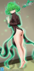 Rule 34 | 1girl, against wall, artist request, ass, ass focus, aura, bare legs, black dress, curly hair, dress, flipped hair, full body, green eyes, green hair, highres, looking at viewer, looking back, no panties, one-punch man, shiny skin, short hair, side slit, solo, tatsumaki, thick thighs, thighs, wide hips