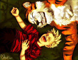 Rule 34 | 00s, 1boy, 2007, animal ears, artist name, blonde hair, calvin &amp; hobbes, calvin (calvin &amp; hobbes), closed eyes, dated, grin, hand on own stomach, heart, hobbes (calvin &amp; hobbes), japanized, lying, male focus, nina matsumoto, on back, open mouth, realistic, red shirt, rotational symmetry, shirt, short hair, short sleeves, shorts, signature, smile, spiked hair, striped clothes, striped shirt, tail, tiger, tiger ears, tiger tail