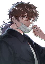 Rule 34 | 1boy, beard stubble, bespectacled, black jacket, blue ribbon, brown hair, chromatic aberration, closed mouth, facial hair, fate/grand order, fate (series), glasses, grey eyes, hair between eyes, hector (fate), jacket, long hair, male focus, mask, mask pull, messy hair, mouth mask, ponytail, ribbon, shirt, solo, stubble, tumikilondon5, upper body, white background, white mask, white shirt