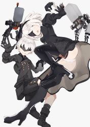 Rule 34 | 1boy, 1girl, ass, blindfold, covered eyes, dress, feather-trimmed sleeves, gloves, high heels, long sleeves, nier (series), nier:automata, pod (nier:automata), shiromiso, short hair, smile, sword, thighhighs, weapon, white hair, 2b (nier:automata), 9s (nier:automata)