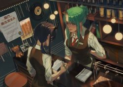Rule 34 | 2girls, alcohol, alternate costume, arknights, arm behind back, bar (place), bartender, blouse, blue hair, book, brown vest, ch&#039;en (arknights), chinese commentary, ckjm2748, collared shirt, commentary request, counter, cup, dragon horns, drinking glass, from above, green eyes, hair between eyes, hair bun, holding, holding pen, horns, hoshiguma (arknights), indoors, lights, long sleeves, looking at another, low tied hair, low twintails, multiple girls, paper, pen, photo (object), pointy ears, record, red neckwear, shirt, sidelocks, single hair bun, single horn, skin-covered horns, sleeves rolled up, standing, stool, stuffed animal, stuffed toy, teddy bear, twintails, vest, waitress, white shirt, window, wine glass, writing