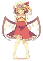 Rule 34 | 1girl, :o, absurdres, ascot, bare legs, barefoot, blonde hair, blush, clenched hand, clenched hands, collared shirt, commentary request, crystal, feet, flandre scarlet, frilled shirt collar, frilled sleeves, frills, full body, hat, hat ribbon, highres, knees together feet apart, medium hair, mob cap, multicolored wings, one side up, pigeon-toed, puffy short sleeves, puffy sleeves, red eyes, red skirt, red vest, ribbon, seika okawari, shirt, short sleeves, side ponytail, simple background, skirt, skirt set, solo, standing, straight-on, tears, toes, touhou, vest, white background, white hat, white shirt, wings, yellow ascot