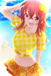 Rule 34 | 1girl, 283hanpen, :d, beach, blouse, blue sky, blush, checkered clothes, checkered shirt, collarbone, crop top, food, fruit, groin, highres, idolmaster, idolmaster shiny colors, komiya kaho, looking at viewer, navel, open mouth, orange (fruit), orange slice, outdoors, plaid, plaid shirt, red eyes, red hair, shirt, sky, smile, solo, tied shirt, yellow shirt