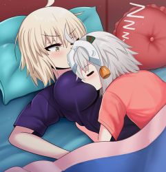 Rule 34 | 2girls, ahoge, blonde hair, blush, breast smother, breasts, closed eyes, face to breasts, fate/grand order, fate (series), hand on another&#039;s chest, headpiece, highres, jeanne d&#039;arc (fate), jeanne d&#039;arc alter (avenger) (fate), jeanne d&#039;arc alter (fate), jeanne d&#039;arc alter santa lily (fate), large breasts, multiple girls, one eye closed, short hair, sleeping, sleeping on person, the only shoe, under covers, yellow eyes, zzz
