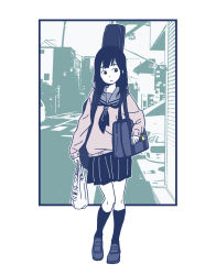 Rule 34 | 1girl, arm at side, arm support, bag, bag charm, black hair, black socks, blunt bangs, border, building, car, charm (object), city, closed mouth, crosswalk, expressionless, facing viewer, flat color, full body, guitar case, hand up, highres, holding, holding bag, hosoo, instrument case, instrument on back, kneehighs, limited palette, loafers, long hair, long sleeves, looking to the side, miniskirt, monochrome background, motor vehicle, muted color, neckerchief, original, outdoors, outline, outside border, overhead door, photo background, plastic bag, pleated skirt, puffy long sleeves, puffy sleeves, road, sailor collar, school bag, school uniform, serafuku, shoes, shopping bag, shoulder bag, silhouette, skirt, socks, solo, standing, street, sweater, swept bangs, white border