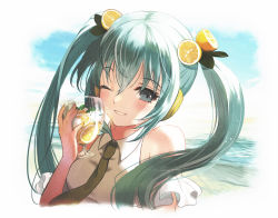 Rule 34 | 1girl, ashiyafuku, blue hair, close-up, commentary, drink, food, food-themed hair ornament, fruit, hair ornament, hatsune miku, holding, holding drink, lemon, lemon hair ornament, long hair, looking to the side, morning, necktie, ocean, smile, solo, twintails, vocaloid