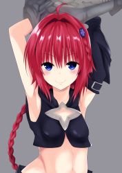 Rule 34 | &gt;:), 10s, 1girl, ahoge, arm cannon, armpits, arms up, asymmetrical gloves, black vest, blue eyes, blush, braid, closed mouth, elbow gloves, fingerless gloves, gloves, grey background, hair intakes, hair ornament, hand on own hip, happy birthday, highres, jpeg artifacts, kurosaki mea, long hair, looking at viewer, md5 mismatch, midriff, navel, red hair, resized, simple background, smile, solo, stomach, tatsuno, tatsuno (saya-tatsuno), to love-ru, to love-ru darkness, uneven gloves, upper body, upscaled, v-shaped eyebrows, vest, weapon