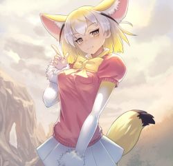 Rule 34 | 10s, 1girl, animal ears, blonde hair, bow, bowtie, breast pocket, breasts, brown eyes, cloud, cloudy sky, fennec (kemono friends), fox ears, fox tail, gradient hair, kazto furuya, kemono friends, looking at viewer, medium breasts, multicolored hair, outdoors, pleated skirt, pocket, puffy short sleeves, puffy sleeves, short-sleeved sweater, short hair, short sleeves, skirt, sky, smile, solo, sweater, sweater vest, tail, two-tone hair, white skirt, yellow bow, yellow bowtie