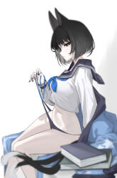 Rule 34 | 1girl, absurdres, animal ears, bad id, bad pixiv id, black eyes, black hair, black panties, black sailor collar, blue archive, blue neckerchief, book, breasts, cat ears, cat tail, chinoryuu, duplicate, feet out of frame, groin, haori, highres, japanese clothes, kikyou (blue archive), long sleeves, looking at viewer, medium breasts, multiple tails, navel, neckerchief, no halo, panties, parted lips, sailor collar, school uniform, serafuku, short hair, solo, tail, two tails, underwear