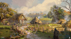 Rule 34 | 1boy, assassin&#039;s creed: valhalla, blue flower, building, cloud, company name, concept art, copyright name, donglu, english text, flower, grass, highres, hood, medieval, outdoors, path, river, road, scenery, shield, shield on back, sky, tree, village, water, watermark