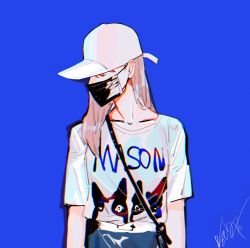 Rule 34 | 1girl, a979717082, baseball cap, belt, blue background, blue skirt, brown hair, collarbone, covered eyes, hair behind ear, hat, highres, k-pop, long hair, looking down, mask, mouth mask, real life, signature, skirt, solo, upper body, white belt, white hat, wjsn, wu xuanyi