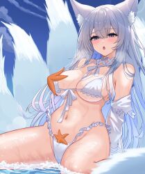 Rule 34 | 1girl, :o, absurdres, animal ear fluff, animal ears, azur lane, bare shoulders, bikini, blue eyes, blush, breasts, fox ears, fox girl, fox tail, highres, kuwahara taiki, large breasts, legs apart, long hair, looking at viewer, multiple tails, navel, off shoulder, official alternate costume, open mouth, outdoors, shinano (azur lane), shinano (dreamy white sands) (azur lane), sitting, solo, starfish, stomach, swimsuit, tail, thighs, underboob, wariza, water, wet, white bikini, white hair