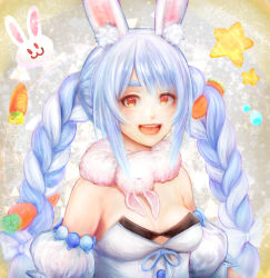 Rule 34 | 1girl, :3, animal ear fluff, animal ears, blue hair, bow, braid, breasts, carrot, carrot hair ornament, coat, coat dress, commentary request, creature, detached sleeves, dress, food-themed hair ornament, fur-trimmed coat, fur scarf, fur trim, hair bow, hair ornament, hololive, khn (kihana), long hair, looking at viewer, medium breasts, multicolored hair, open mouth, orange eyes, rabbit, rabbit-shaped pupils, rabbit ears, rabbit girl, scarf, solo, star (symbol), strapless, strapless coat, strapless dress, symbol-shaped pupils, teeth, twin braids, two-tone hair, upper body, usada pekora, usada pekora (1st costume), virtual youtuber, white bow, white coat, white hair, white scarf, white sleeves