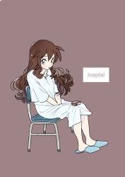 Rule 34 | 1girl, blue eyes, blush, brown background, brown hair, chair, closed mouth, commentary request, creatures (company), game freak, hagetapo, hair between eyes, hair down, hilda (pokemon), hospital gown, long hair, looking at viewer, nintendo, pokemon, pokemon bw, sidelocks, simple background, sitting, slippers, solo