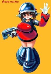 Rule 34 | 1girl, absurdres, belt, boots, breasts, brown eyes, brown hair, commentary request, dress, full body, gloves, gun, hai to hickory, hair between eyes, helmet, highres, holding, holding gun, holding weapon, huge breasts, knee boots, large breasts, medium hair, open mouth, orange background, original, red dress, short dress, smile, solo, trigger discipline, twitter username, weapon, white gloves