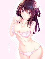 Rule 34 | 1girl, adjusting bra, adjusting clothes, bra, breasts, brown eyes, brown hair, cleavage, collarbone, commentary, cowboy shot, dated, closed eyes, gluteal fold, haruka natsuki, head tilt, large breasts, light frown, long hair, looking at viewer, navel, original, panties, pink background, pink bra, pink panties, polka dot, polka dot background, solo, standing, strap pull, thigh gap, translation request, underwear, underwear only