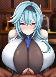 Rule 34 | 1boy, 1girl, absurdres, blue hair, blush, breasts, clothed female nude male, clothing cutout, eula (genshin impact), frown, genshin impact, highres, huge breasts, looking at viewer, mameneko (pai), nude, paizuri, penis, pov, underboob cutout, yellow eyes