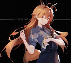 Rule 34 | 1girl, ahoge, animal ears, arknights, artist name, black background, black necktie, black skirt, brown hair, candy, food, fox ears, fox tail, franka (arknights), grey shirt, highres, holding, holding food, id card, lanchuan, lollipop, long hair, looking at viewer, mouth hold, necktie, puffy short sleeves, puffy sleeves, red eyes, revision, shirt, short sleeves, simple background, skirt, solo, tail, upper body, very long hair