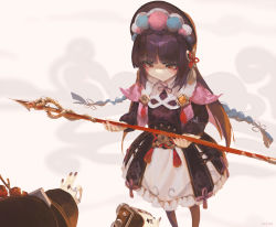 Rule 34 | 1girl, 1other, absurdres, black dress, black hair, black headwear, black pantyhose, blunt bangs, blunt ends, braid, chinese knot, closed mouth, commentary, dress, english commentary, feet out of frame, foreshortening, genshin impact, hat, highres, holding, holding polearm, holding weapon, juffles, layered dress, lolita fashion, long sleeves, looking at object, looking down, out of frame, pantyhose, polearm, pom pom (clothes), qi lolita, red eyes, spear, standing, tassel, twin braids, vision (genshin impact), weapon, yun jin (genshin impact)