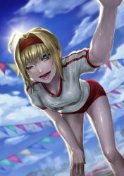 Rule 34 | 1girl, ahoge, blue eyes, breasts, buruma, cleavage, dutch angle, fate/grand order, fate (series), gym uniform, hair between eyes, hair intakes, hand on own knee, large breasts, leaning forward, nero claudius (fate), nero claudius (fate) (all), nero claudius (fate/extra), official alternate costume, one eye closed, scotishfold, short hair, smile, solo, sweat