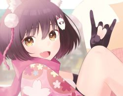 Rule 34 | 1boy, 1girl, animal ears, artist request, black gloves, black hair, blue archive, blue skirt, blush, breasts, fang, fishnets, floral print, fox ears, fox girl, fox hair ornament, fox shadow puppet, from side, gloves, hair between eyes, hair ornament, halo, happy, headpat, izuna (blue archive), japanese clothes, looking at viewer, makeup, medium breasts, open mouth, orange eyes, partially fingerless gloves, pink scarf, pleated skirt, sailor collar, scarf, school uniform, serafuku, simple background, skin fang, skirt, sleeveless, solo focus, translation request, user wget5284, you guo chaocai