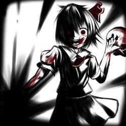Rule 34 | 1girl, blood, blood on face, crazy, darkness, female focus, monochrome, open mouth, rumia, skirt, skull, solo, spot color, surasura, touhou, white background