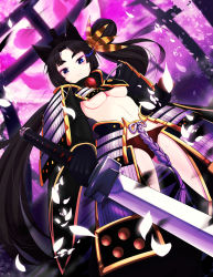 Rule 34 | 1girl, absurdres, armor, bad id, bad pixiv id, black hair, blue eyes, breasts, detached sleeves, fate/grand order, fate (series), highres, holding, holding sword, holding weapon, j young, japanese armor, japanese clothes, kusazuri, long hair, panties, pom pom (clothes), red panties, revealing clothes, solo, sword, underboob, underwear, ushiwakamaru (fate), ushiwakamaru (third ascension) (fate), weapon