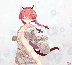 Rule 34 | 1girl, alternate costume, animal ears, blush, bow, braid, cat ears, closed mouth, cowboy shot, dated, dress, extra ears, fang, highres, kaenbyou rin, long hair, looking at viewer, nekomata, nose blush, open mouth, paw print, paw print background, pointy ears, red eyes, red hair, signature, simple background, smile, solo, sunnysideup, sweater, swept bangs, touhou, twin braids