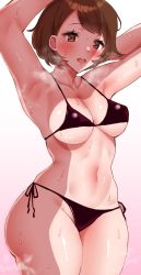 Rule 34 | 1girl, aged up, arm behind head, armpits, arms up, bikini, black bikini, blush, breasts, brown eyes, brown hair, cleavage, collarbone, cowboy shot, creatures (company), curvy, female focus, game freak, gloria (pokemon), groin, heavy breathing, highres, looking at viewer, mana nzmr, medium breasts, navel, nintendo, open mouth, pink background, pokemon, pokemon swsh, shiny skin, short hair, simple background, solo, steam, stomach, string bikini, sweat, swimsuit, thick thighs, thighs, wide hips