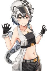 Rule 34 | 1girl, animal ear fluff, animal ears, arknights, armpits, bandeau, bare shoulders, black gloves, black hair, black shorts, blush, breasts, cabbie hat, checkered clothes, checkered headwear, cliffheart (arknights), collarbone, commentary, cowboy shot, crossed bangs, gloves, grey eyes, groin, hair between eyes, hat, highres, jewelry, leopard ears, leopard tail, looking at viewer, midriff, multicolored hair, navel, necklace, short hair, short shorts, shorts, sidelocks, silver hair, simple background, sleeveless duster, small breasts, smile, solo, springveiv, standing, streaked hair, tail, underbust, w arms, white background