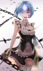 Rule 34 | 1girl, absurdres, apron, blood, blood from mouth, blood on face, blue eyes, blue hair, blush, breasts, chain, cleavage, commentary, frills, glowing, gradient background, grey background, hair ornament, hair over one eye, highres, holding, holding weapon, horns, li se, looking at viewer, maid, open mouth, re:zero kara hajimeru isekai seikatsu, rem (re:zero), ribbon, roswaal mansion maid uniform, short hair, single horn, solo, tears, thighhighs, v-shaped eyebrows, weapon, white thighhighs, x hair ornament