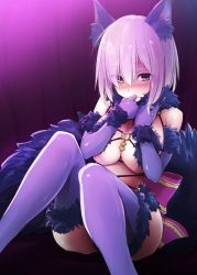 Rule 34 | 1girl, animal costume, animal ears, blush, breasts, clenched hands, elbow gloves, eyes visible through hair, fake animal ears, fate/grand order, fate (series), fur trim, gloves, hair over one eye, halloween costume, kurikara, large breasts, mash kyrielight, mash kyrielight (dangerous beast), o-ring, o-ring top, official alternate costume, purple eyes, purple gloves, purple hair, purple thighhighs, short hair, solo, thighhighs