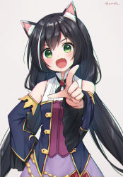 Rule 34 | 1girl, :d, animal ear fluff, animal ears, anz32, bad id, bad pixiv id, bare shoulders, black hair, blue sleeves, blush, cat ears, commentary request, detached sleeves, fang, hand on own hip, head tilt, karyl (princess connect!), long hair, long sleeves, low twintails, multicolored hair, open mouth, pointing, pointing at viewer, princess connect!, purple skirt, shirt, skirt, sleeveless, sleeveless shirt, smile, solo, streaked hair, twintails, twitter username, very long hair, white hair, white shirt, wide sleeves