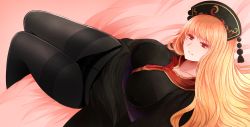 Rule 34 | 1girl, arano oki, bed, belt, black dress, black hat, black panties, black pantyhose, blonde hair, blush, breasts, chinese clothes, closed mouth, collarbone, commentary request, crescent, dress, floor, gradient hair, hair between eyes, hat, indoors, junko (touhou), large breasts, long hair, long sleeves, looking at viewer, looking up, multicolored hair, on bed, orange hair, panties, panties under pantyhose, pantyhose, phoenix crown, pom pom (clothes), purple belt, red eyes, sitting, smile, solo, tabard, teeth, touhou, underwear, wide sleeves