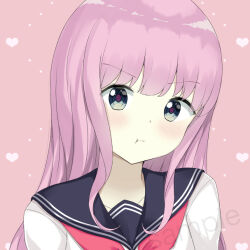 Rule 34 | 1girl, 7 calpis 7, :t, black sailor collar, blush, clip studio paint (medium), closed mouth, commentary request, grey eyes, heart, long hair, looking at viewer, original, pink background, pink hair, pout, sailor collar, sample watermark, school uniform, serafuku, shirt, simple background, solo, upper body, watermark, white shirt