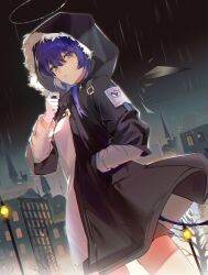 Rule 34 | 1girl, absurdres, arknights, bare tree, black jacket, black sky, blue eyes, blue hair, building, chinese commentary, city, commentary request, cowboy shot, detached wings, dress, dutch angle, fur-trimmed hood, fur-trimmed jacket, fur trim, gloves, haita (yalan527), halo, hand in pocket, hand up, highres, hood, hood up, hooded jacket, jacket, lamppost, looking at viewer, medium hair, mostima (arknights), night, night sky, open clothes, open jacket, outdoors, rain, sky, solo, standing, tree, white dress, white gloves, wings